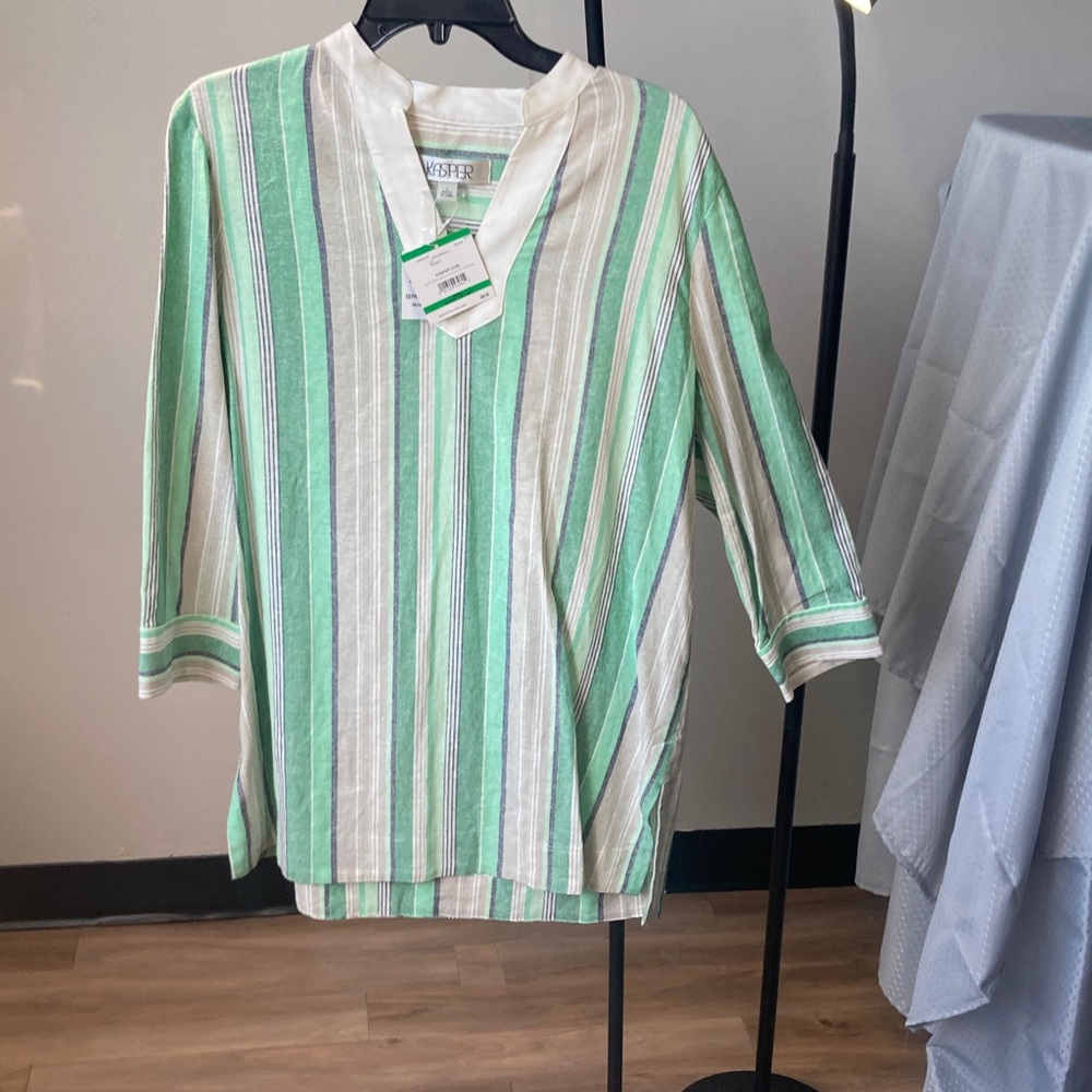 Kasper top print stripes pattern blouse linen blend career business casual L - Picture 12 of 17